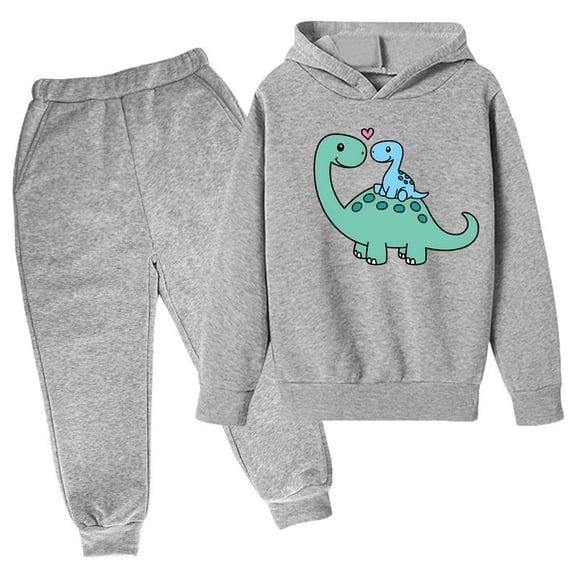 First Day of School Outfits Girl Boy Cartoon Print Hooded Top Sweatpants Dinosaur Costume Kids 2 Piece Clothing Set Sweatsuit, Gray, 5 Years