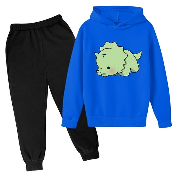 First Day of School Outfits Girl Boy Cartoon Print Hooded Tops Sweatpants Dinosaur Costume Kids 2 Piece Clothing Set Sweatsuit, Blue, 7 Years