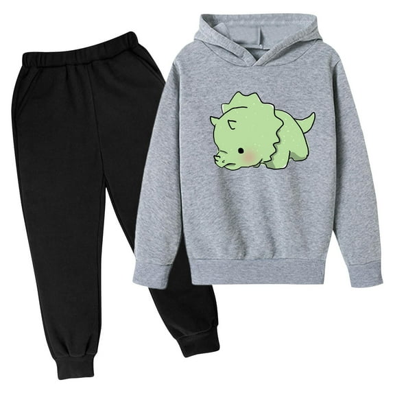 First Day of School Outfits Girl Boy Cartoon Print Hooded Tops Sweatpants Dinosaur Costume Kids 2 Piece Clothing Set Sweatsuit, Gray, 7 Years
