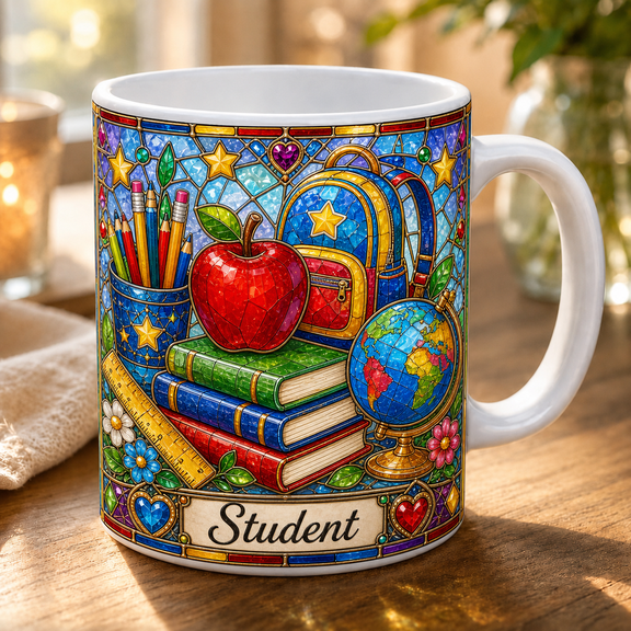 First Day of School Student Mug, Stained Glass Style Apple Backpack Coffee Cup