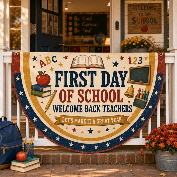 First Day of School Teacher Banner Semi Circle Welcome Back Classroom Sign