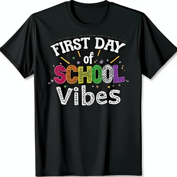 First Day of School Vibes Black T-Shirt with Rainbow School Design