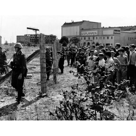 First Days Of The Berlin Wall. West Berliners Jeer East German Soldiers Patrolling The New Barbed Wire Barricades Closing Streets Between The Russian Occupied Sector And The French History (24 x 18)