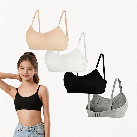 First Developmental Light Weight Skin Friendly Cotton Teen Training Bras Growing Girls 10-16 Wire Free Light Cushion, Modifiable Soft Adjustable Straps Air Permeable Comfort Beginner Puberty Bra