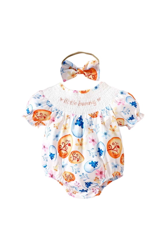 My First Easter Baby Girl Outfit Girls Short Sleeve Easter Cartoon Prints Romper Bodysuits Headbands Set My First Easter White 3 Months-6 Months