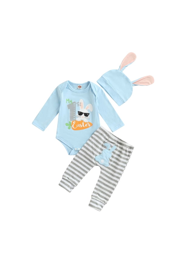 First Easter Outfit Baby Girl Boy Long Sleeve My 1st Easter Bodysuit Romper Pants Bunny Ears Hat 3PCS Clothes Set