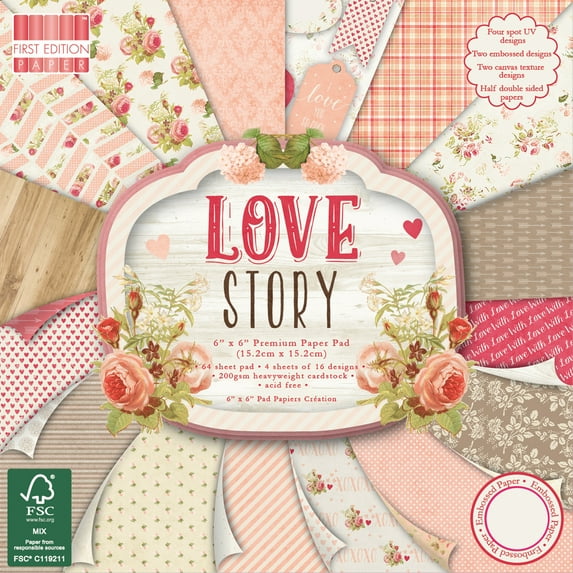First Edition Premium Paper Pad 6"X6" 64/Pkg-Love Story, 16 Designs/4 Each