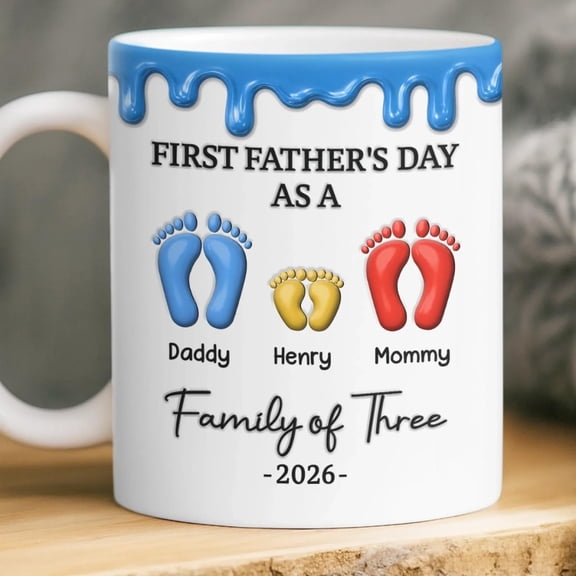 First Father's Day As A Family Of Three Coffee Mug, Custom Family Footprint, Gift For Him Her, New Mom Dad Mug, Father's Day Gift Ideas