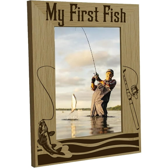 My First Fish Photo Frame Fishing Picture Frame Wood Engraved Rustic Picture Holder Memorial Tabletop Keepsake Suit 4"x6" Photo Portrait Frame for Hanging Wall Friends Desk Decor 6x8 Inch for DIY