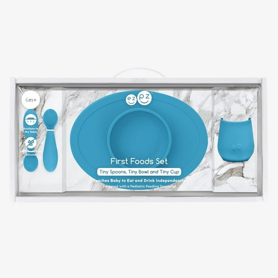 ezpz First Foods Set (Blue) - 100% Silicone Suction Bowl, 2oz Cup, Tiny Spoons - Designed by a Pediatric Feeding Specialist - 6 Months+