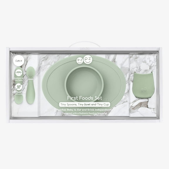 ezpz First Foods Set (Sage) - 100% Silicone Suction Bowl, 2oz Cup, Tiny Spoons - Designed by a Pediatric Feeding Specialist - 6 Months+