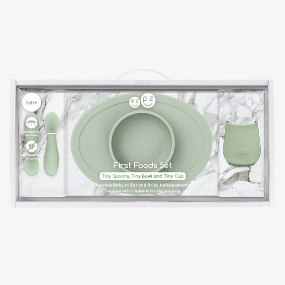 ezpz First Foods Set (Sage) - 100% Silicone Suction Bowl, 2oz Cup, Tiny Spoons - Designed by a Pediatric Feeding Specialist - 6 Months+