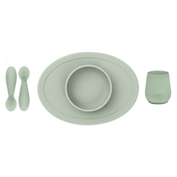 ezpz First Foods Set (Sage) - 100% Silicone Suction Bowl, 2oz Cup, Tiny Spoons - Designed by a Pediatric Feeding Specialist - 6 Months+