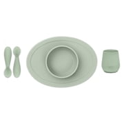ezpz First Foods Set Sage - 100% Silicone Suction Bowl, 2oz Cup, Tiny Spoons - Designed by a Pediatric Feeding Specialist - 6 Months+