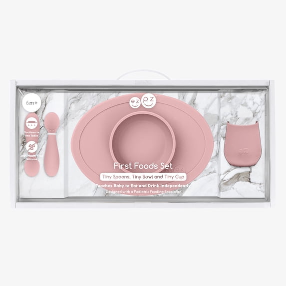 ezpz First Foods Set (Blush) - 100% Silicone Suction Bowl, 2oz Cup, Tiny Spoons - Designed by a Pediatric Feeding Specialist - 6 Months+