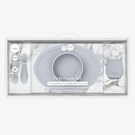 ezpz First Foods Set (Pewter) - 100% Silicone Suction Bowl, 2oz Cup, Tiny Spoons - Designed by a Pediatric Feeding Specialist - 6 Months+