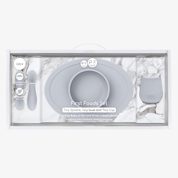 ezpz First Foods Set (Pewter) - 100% Silicone Suction Bowl, 2oz Cup, Tiny Spoons - Designed by a Pediatric Feeding Specialist - 6 Months+