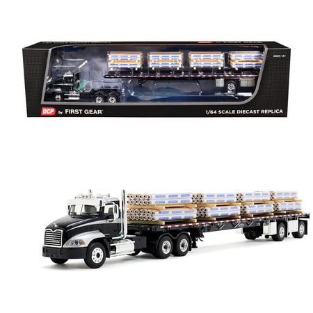 Mack Pinnacle Day Cab with Minimizer Parts & 53 Wilson Roadbrute Flatbed Trailer with "Carlisle Roofing" Loaded Pallets Black with Silver Top and Stripes 1/64 Diecast Model by DCP/First Gear