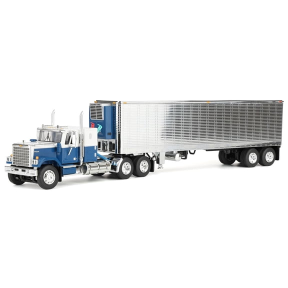 First Gear 1/64 Chevrolet Bison Semi Truck with 40ft Vintage Trailer & Reefer, Blue/Chrome, DCP, 60-2345