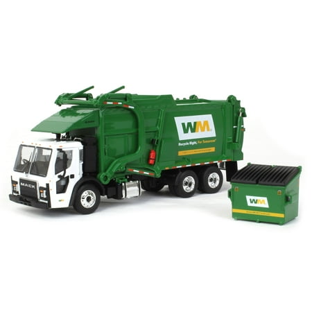Mack LR Garbage Truck with McNeilus Meridian Front Load Refuse Body White & Green w/Refuse Bin 1/64 Diecast Model by First Gear
