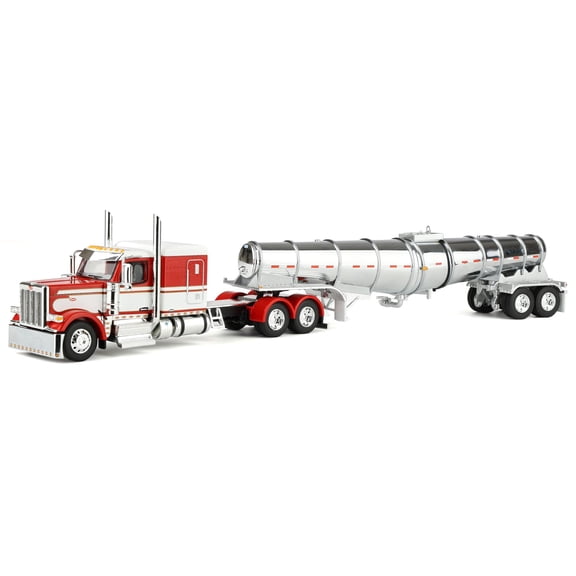 First Gear 1/64 Red/White Peterbilt 589 Semi Truck with 63in Flat Top Sleeper Cab & Chrome Polar Deep Drop Trailer, DCP, 60-2263