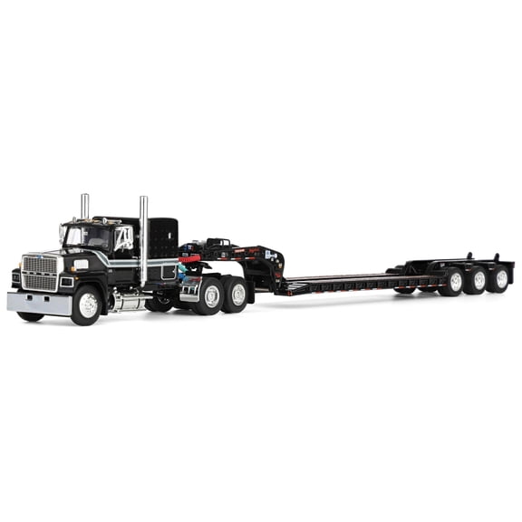 Ford LTL 9000 with 60" Flat Top Sleeper & Fontaine Magnitude Tri-Axle Lowboy Trailer Black 1/64 Diecast Model made by DCP/First Gear