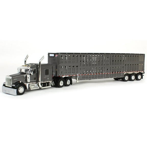 First Gear DCP 1/64 Gray & Black Kenworth W900L 72" Aerocab Flattop Truck with Wilson Livestock Trailer 60-1956