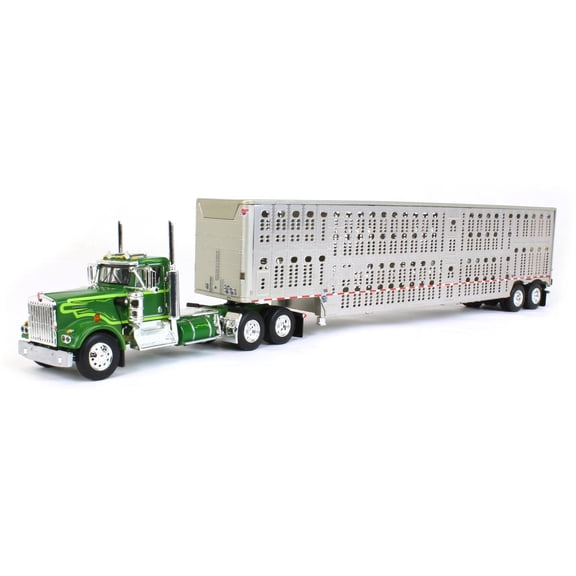 Kenworth W900A Day Cab and Wilson Silverstar Livestock Tandem-Axle Trailer Neon and Dark Green 1/64 Diecast Model by DCP/First Gear