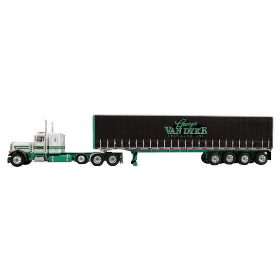 First Gear DCP 1/64 Peterbilt 379 Flat Top Sleeper Semi Truck Utility Tautliner Quad Axle Curtain-Side Trailer Van Dyke Trucking 60-2157