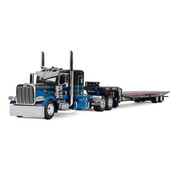 First Gear DCP 1/64 Peterbilt 389 Flat Top Sleeper Semi Truck with Landoll 440B-50CA Traveling Axle Trailer, Blue/Black 60-2190