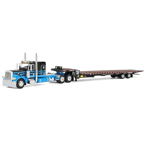First Gear DCP 1/64 Peterbilt 389 Flat Top Sleeper Semi Truck with Landoll 440B-50CA Traveling Axle Trailer, Blue/Black 60-2190