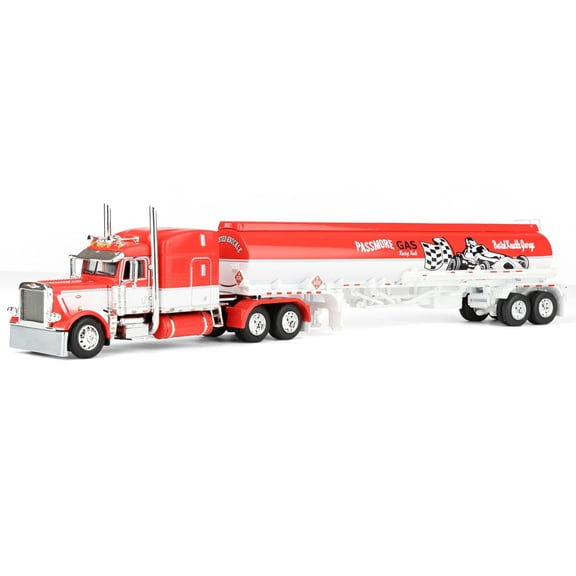 Peterbilt 389 with 63" Mid-Roof Sleeper & Heil Fuel Tank Trailer Red and White 1/64 Diecast Model by First Gear
