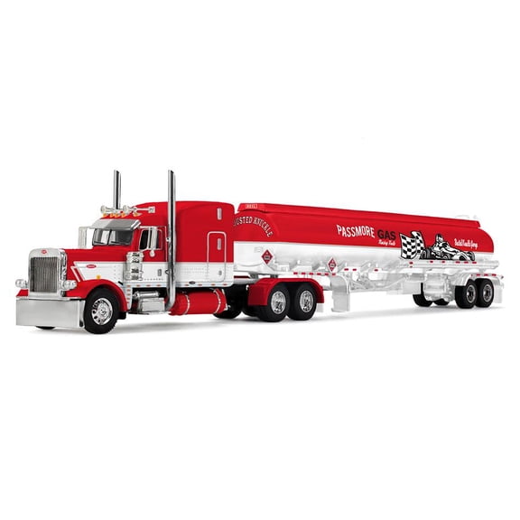 Peterbilt 389 with 63" Mid-Roof Sleeper & Heil Fuel Tank Trailer Red and White 1/64 Diecast Model by First Gear