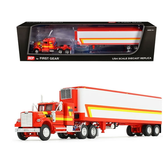 White Western Star 4900 with 36" Vintage Flat Top Sleeper and Wilson 40 Vintage Refridgerated Trailer Red and White with Stripes 1/64 Diecast Model by DCP/First Gear