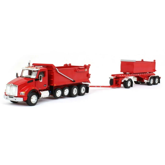 Kenworth T880 Quad-Axle Dump Truck and Rogue Transfer Tandem-Axle Dump Trailer Viper Red 1/64 Diecast Model by DCP/First Gear