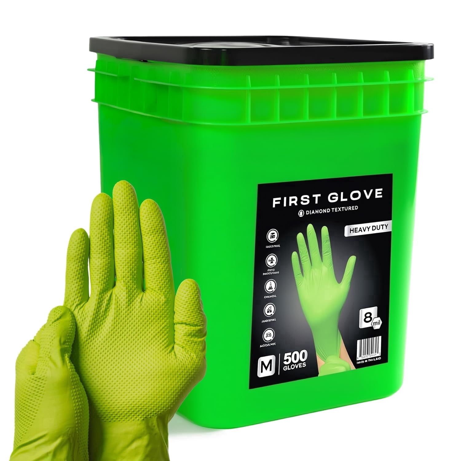 First Glove 8 Mil Green Nitrile Gloves Bucket - 2X- Large - 500 Count - Raised Diamond Textured Heavy Duty Industrial Gloves for Automotive & Mechanic Work - Latex Free, Powder Free, Bulk
