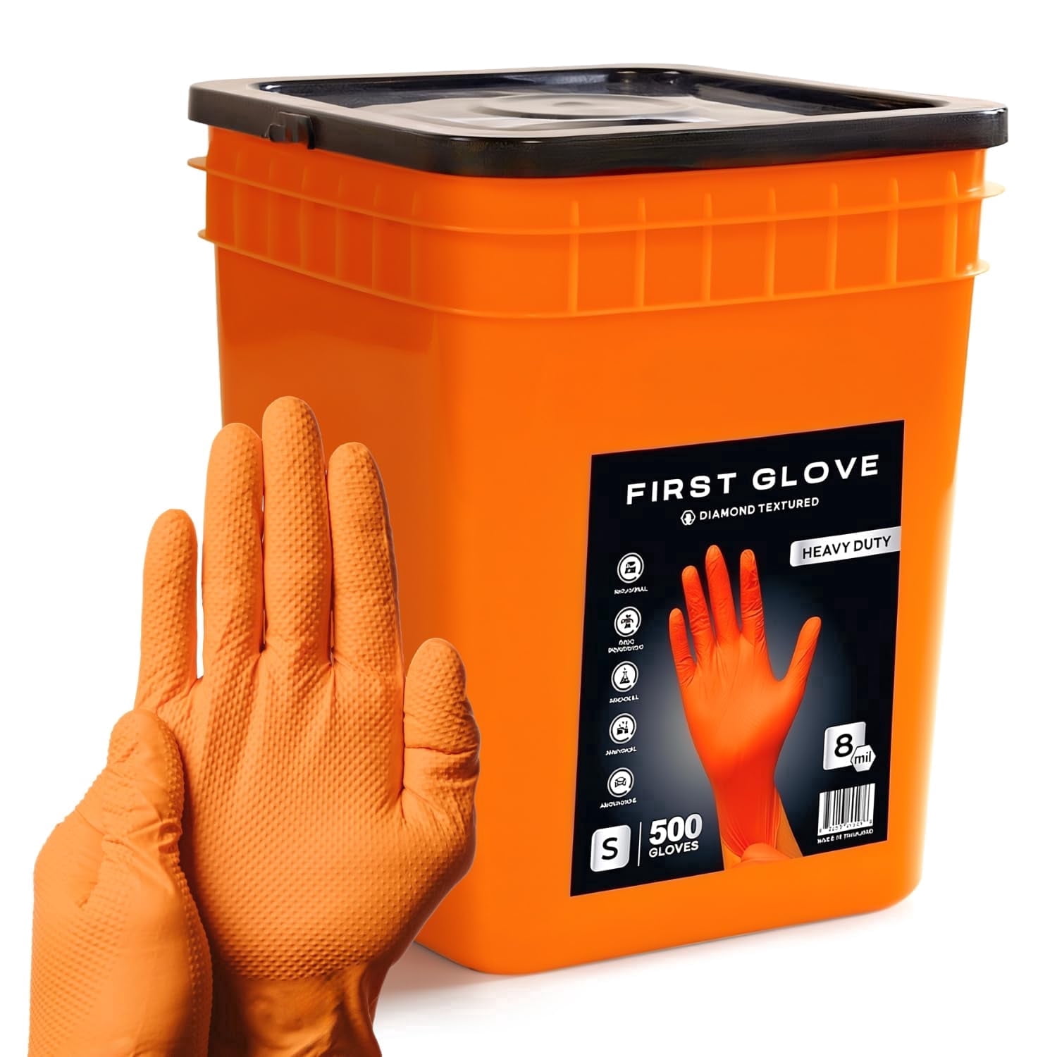First Glove 8 Mil Orange Nitrile Gloves Bucket - Large - 500 Count - Raised Diamond Textured Heavy Duty Industrial Gloves for Automotive & Mechanic Work - Latex Free, Powder Free, Bulk