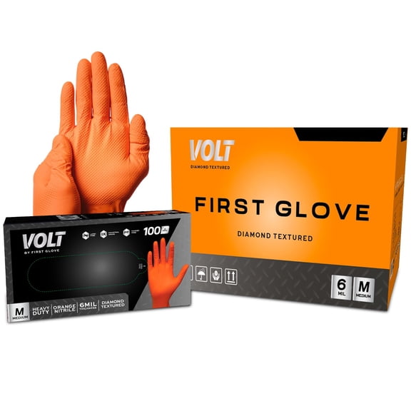 First Glove Diamond Orange Nitrile 6 Mil Gloves Size: M/One Box of 100