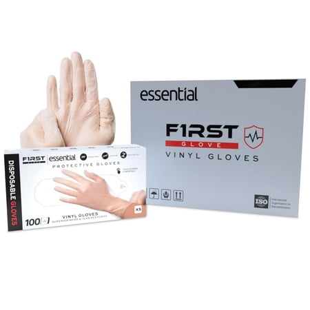 First Glove Essential Clear Vinyl Exam Disposable Medical Gloves - Vinyl Gloves for Textured Fingertip - Gloves with Latex & Powder-Free, Superior Dexterity, 4 Mil Thickness - Size M (100 Counts)