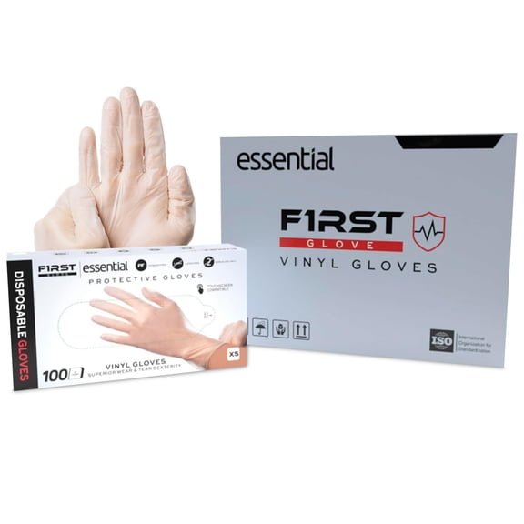 First Glove Essential Clear Vinyl Exam Disposable Medical Gloves - Vinyl Gloves for Textured Fingertip -  Gloves with Latex & Powder-Free, Superior Dexterity, 4 Mil Thickness - Size S (100 Counts)