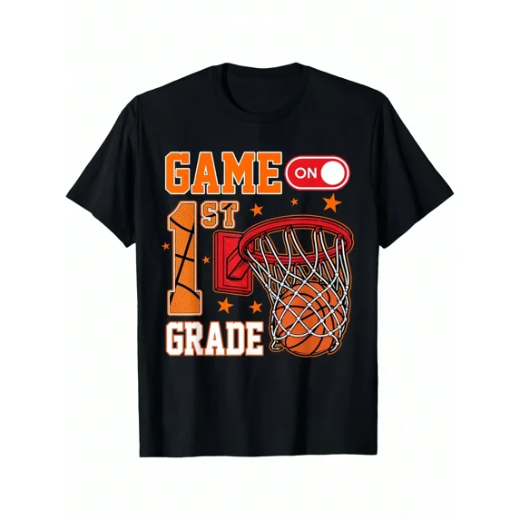 First Grade Basketball Back-To-School Theme Boys' T-Shirt, Casual Summer Back-To-School Top, ,Suitable For Ages 6-14