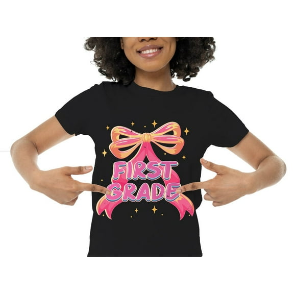 First Grade Bow T-Shirt for Girls – 100% Cotton Back to School Shirt Cute Pink Ribbon Design