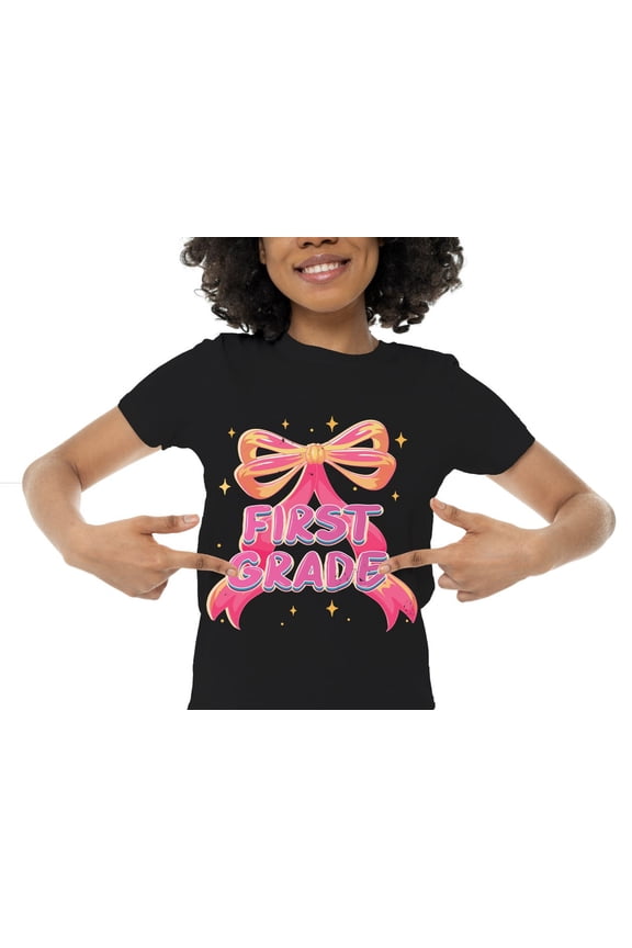 First Grade Bow T-Shirt for Girls – 100% Cotton Back to School Shirt Cute Pink Ribbon Design