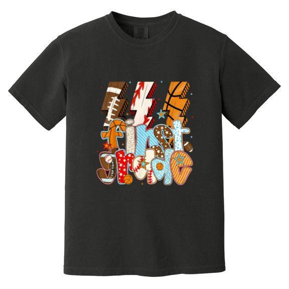 First Grade Boys Lightning Bolt Sports Football Baseball Fan Comfort Color T-Shirt