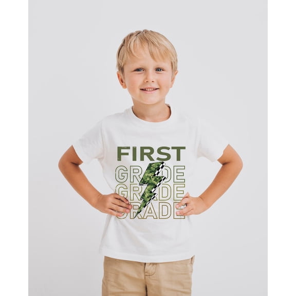 First Grade Camo Lightning Bolt T-Shirt for Boys – Back to School Graphic Tee
