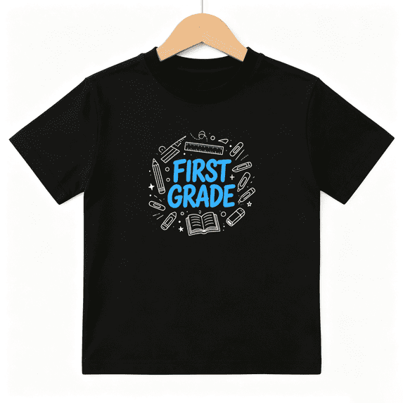 First Grade Doodle School Supplies Boys Graphic Tee 1st Grade Back To School Student Gift 100% Cotton Kids Short Sleeve T-Shirt