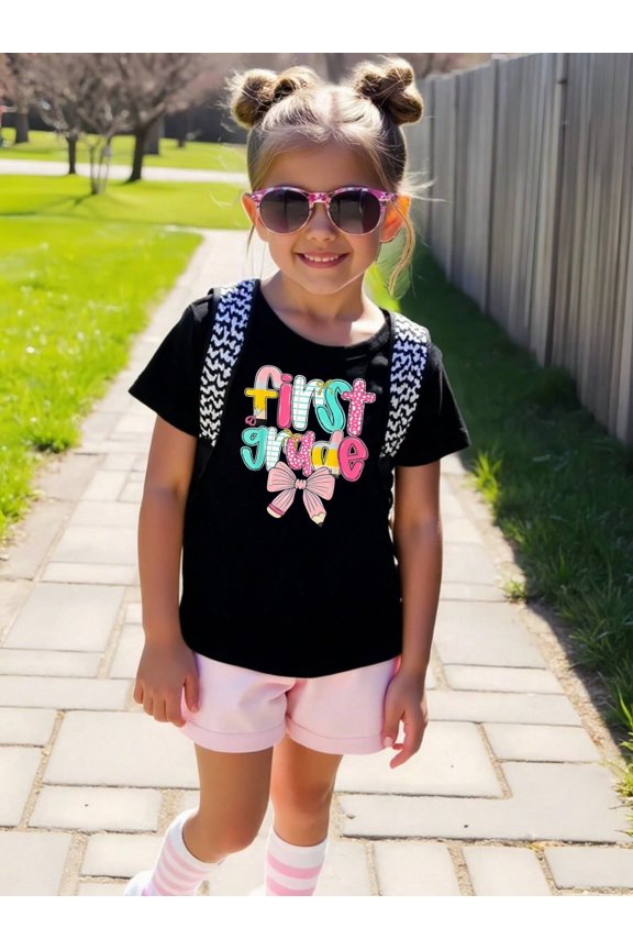 First Grade Graphic T-shirts for Outdoor Sports and Daily Wearing, Young Girls T-Shirts, Size from 3-13Y
