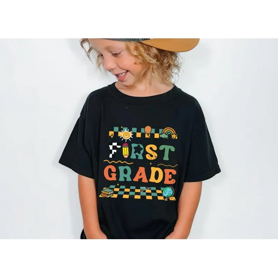 First Grade Kids T-Shirt - Retro Back to School Graphic Tee for Boys and Girls - 100% Cotton Short Sleeve Shirt
