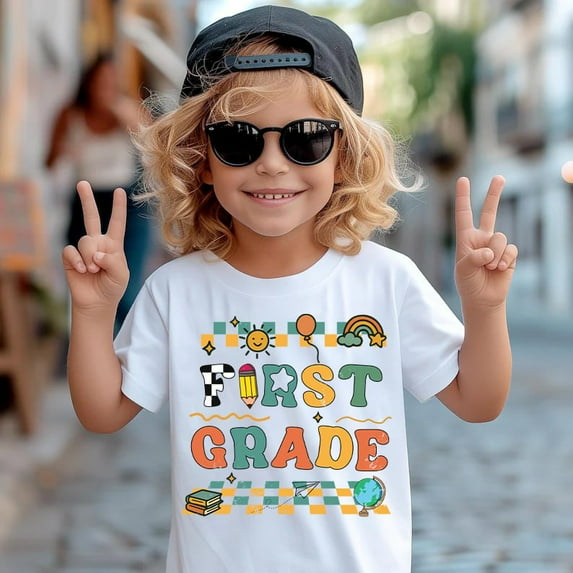First Grade Kids T-Shirt - Retro Back to School Graphic Tee for Boys and Girls - 100% Cotton Short Sleeve Shirt