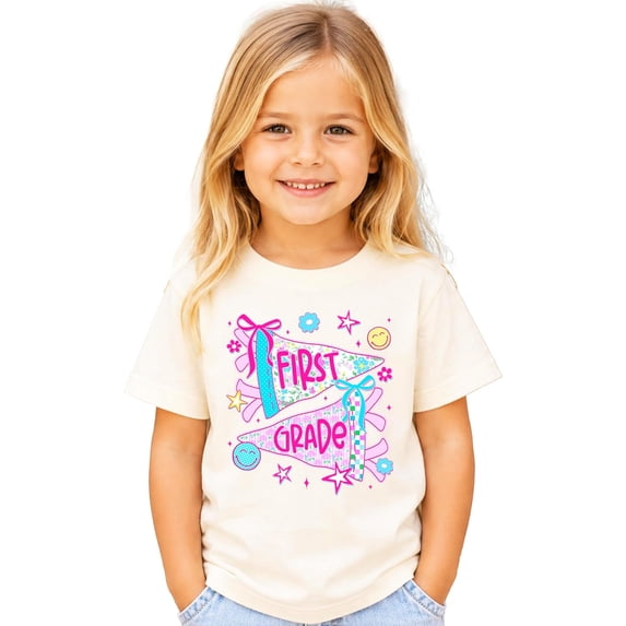First Grade Shirt for Girls Trendy Floral Pennant Flag Back to School 1st Grade Girl Tee Natural Shirt Youth Large